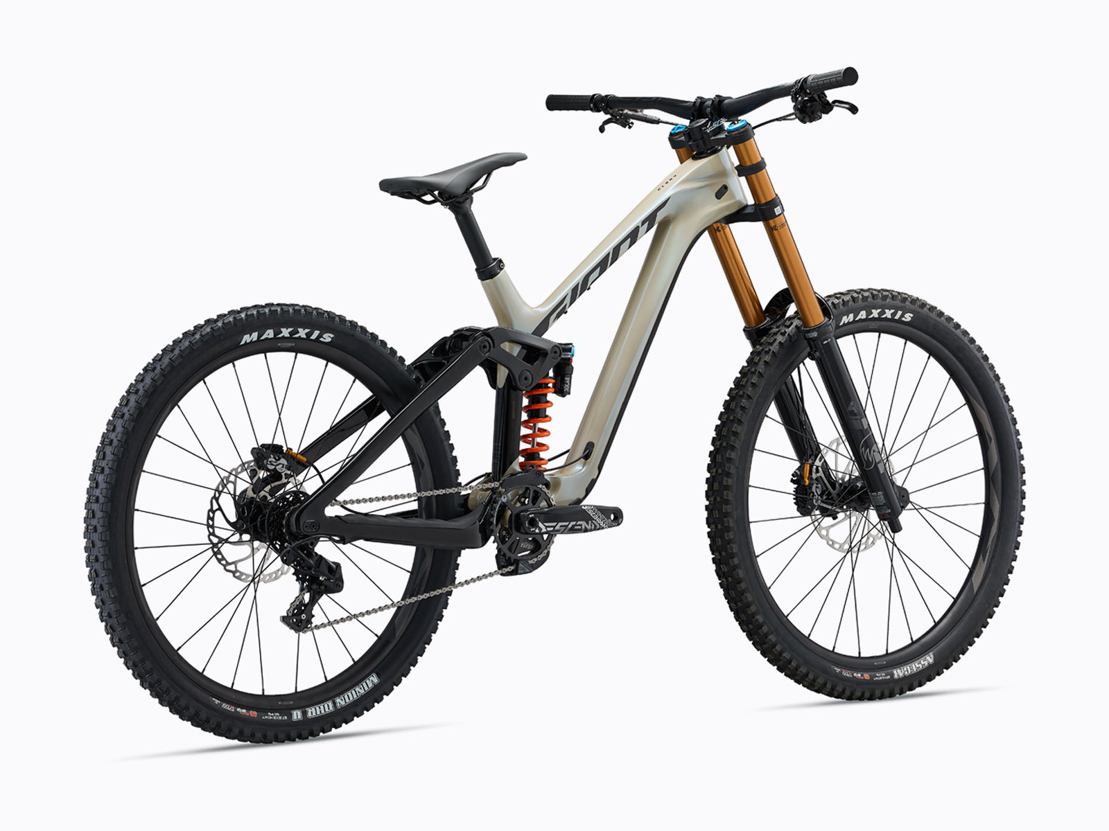 Giant Glory Advanced Pro mountain bike from giant bicycles, feautred in white and gold coloured mtb frameset with dual suspension mountain bike